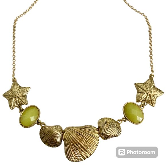 Gold Sea Shell Starfish Bib Necklace Plated Sea Life Island Nautical Beach 20" - Picture 1 of 13